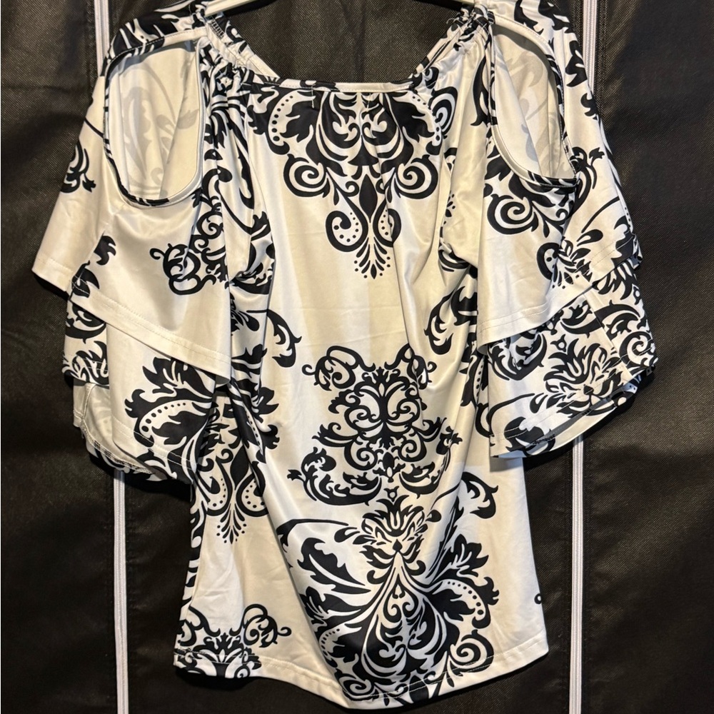 Black & White Baroque Ruffle Sleeve Cold-Shoulder Top – Size M NWT